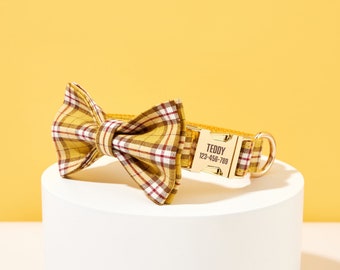 Personalized Dog Collar and Bow tie Leash, Free Engraving Yellow Plaid Dog Collar and Leash Bow tie Set, For Girl and Boy Dog
