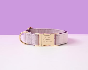 Collar de perro lavanda y correa pajarita regalo para perro, Collar de perro personalizado con nombre, Collar de cachorro de niño personalizado y correa para perro niña