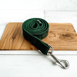 May include: A dark green leather dog leash with a silver clip. The leash is rolled up on a wooden surface.