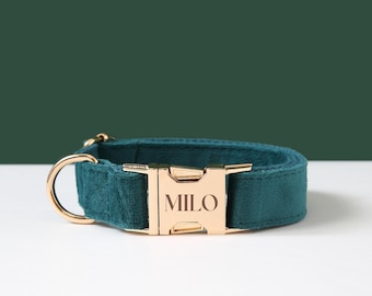 Turquoise Dog Collar and Leash Bow Tie Dog Gift,Velvet Personalised Dog Collar with Name,Custom Boy Puppy Collar and Lead for Girl Dog