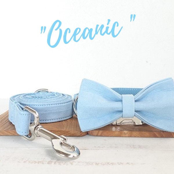 Blue Dog Collar and Leash Set with Bow tie, Personalised Name Engraved on Metal Buckle, Gift for Puppy Dog and Large Dog