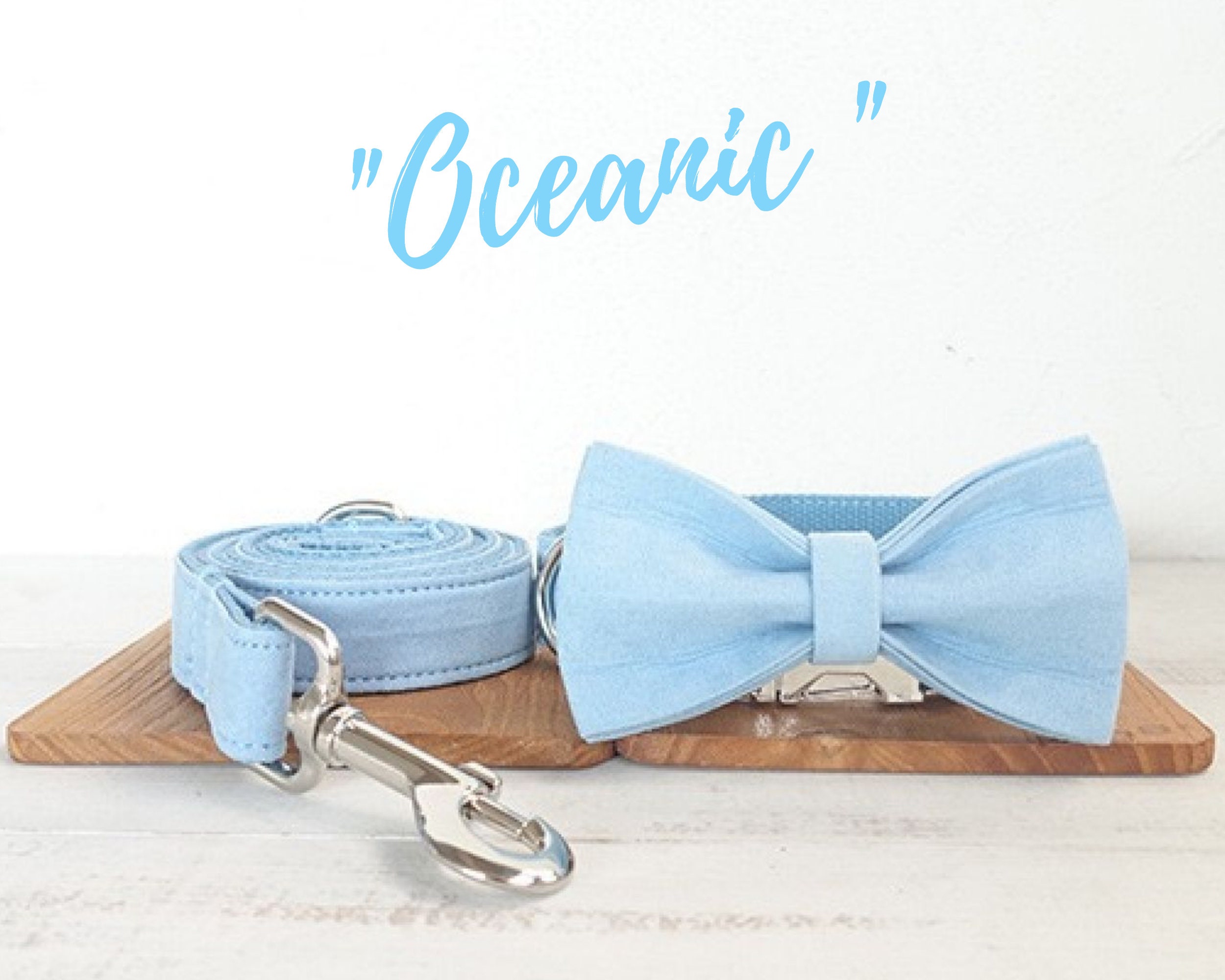 Blue Dog Collar and Leash Set with Bow tie, Personalised Name Engraved on Metal Buckle, Gift for Puppy Dog and Large Dog