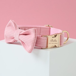 Pink Personalized Dog Collar  Set, Corduroy Dog Collar for Girl Female Dog, Wedding Dog Collar,Puppy Collar and Lead Bow,Free Shipping