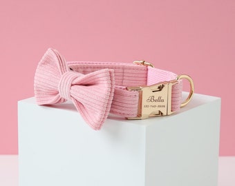Pink Personalized Dog Collar  Set, Corduroy Dog Collar for Girl Female Dog, Wedding Dog Collar,Puppy Collar and Lead Bow,Free Shipping