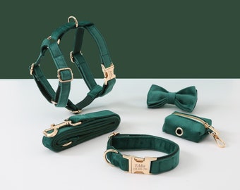 Gepersonaliseerde hondenharnas en riemset, groene op maat gemaakte fluwelen hondenharnas halsband Bowtie poepzakhouder, geen trekharnas voor jongenspuppy