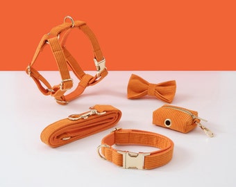 Personalized Dog Harness and Leash Set, Orange Corduroy Velvet Dog Harness Collar Bow tie Poo Bag Holder,No Pull Harness for Boy Puppy