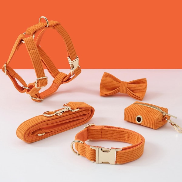 Personalized Dog Harness and Leash Set, Orange Corduroy Velvet Dog Harness Collar Bow tie Poo Bag Holder,No Pull Harness for Boy Puppy