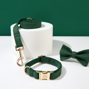 Green Personalized Dog Collar Bow tie Set, Dog Collar for Boy Dog, Wedding Dog Collar,Puppy Collar and Lead Bow, Dog Lover Gift
