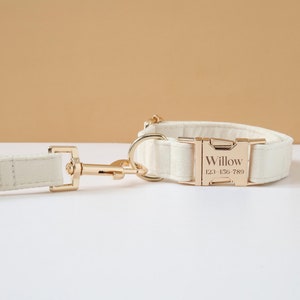 White Velvet Dog Collar with Custom Name, Personalised Engraved Pet Name Plate Metal Buckle. Wedding Dog Outfit Dog Gift image 8