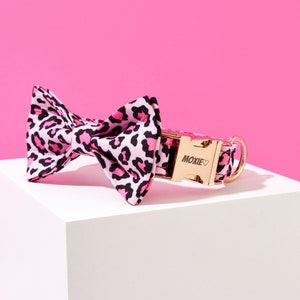 May include: Pink and black leopard print dog collar with a gold buckle that says "MOXIE" with a heart. The collar is paired with a matching bow tie.