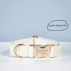 K&ouml;nnte beinhalten: Ein wei&szlig;es Hundehalsband aus Canvas mit einer goldenen Schnalle. Die Schnalle tr&auml;gt die eingravierte Aufschrift "FLOWER GIRL". Das Halsband ist f&uuml;r einen Hund konzipiert und hat einen D-Ring zum Anbringen einer Leine.