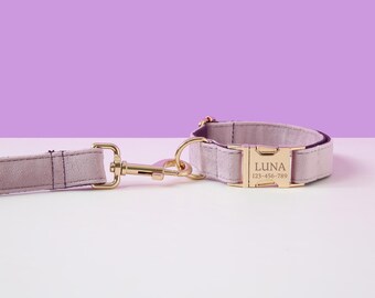 Lavender Dog Collar and Leash Set with Name, Personalized with Engraved Name Plate, Thick Velvet Metal Buckle Collar for Wedding Dog
