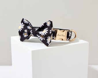 Daisy Flower Hundehalsband Fliege und Leine Set, personalisierte Name Gravierte Haustier Welpen Halsband, maßgeschneiderte Halsband für Mädchen Jungen Hund, kostenloser Versand