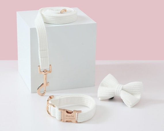 Wedding Dog Collar and Leash Bow Tie Poo Bag Holder, White Corduroy Dog Collar with Name,Personalised Puppy Collar and Lead for Wedding Dog