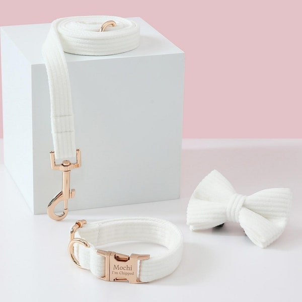 Hochzeit Hundehalsband und Leine Fliege Poo Taschenhalter, weißes Cord Hundehalsband mit Namen, personalisierte Welpen Halsband und Leine für Hochzeitshund