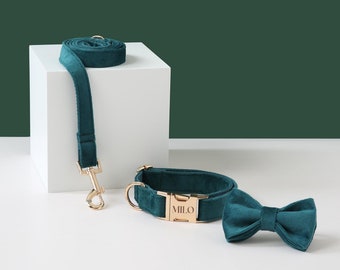 Turquoise Velvet Dog Collar Bow tie Set, Personalized with Engraved Name Plate, Gold Metal Buckle Collar for Wedding Dog Outfit