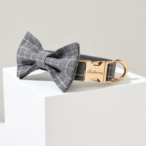 Personalised Dog Collar Custom Dog Collar Engraved Dog Collar and Leash Bow tie Set For Male and Boy Dog, Grey Plaid