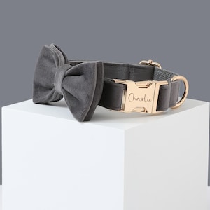Grey Dog Collar Leash Bow Full Set, Personalized Thick Collar with Engraved Name,Small Boy Puppy Collar,Girl Dog Collar and Leash