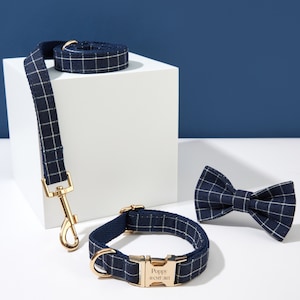 Navy Plaid Personalise Dog Collar and Leash Set, Puppy Bow tie Collar Metal Name Buckle, Dog Collar Leash Bow for Big and Small Dog