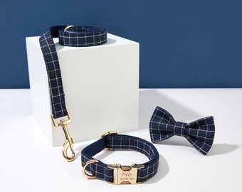 Navy Plaid Personalise Dog Collar and Leash Set, Puppy Bow tie Collar Metal Name Buckle, Dog Collar Leash Bow for Big and Small Dog