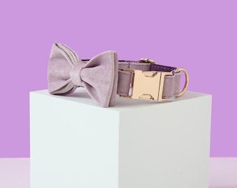 Lavender Dog Collar and Leash Set with Bow tie, Personalized with Engraved Name Plate, Thick Velvet Metal Buckle Collar for Wedding Dog