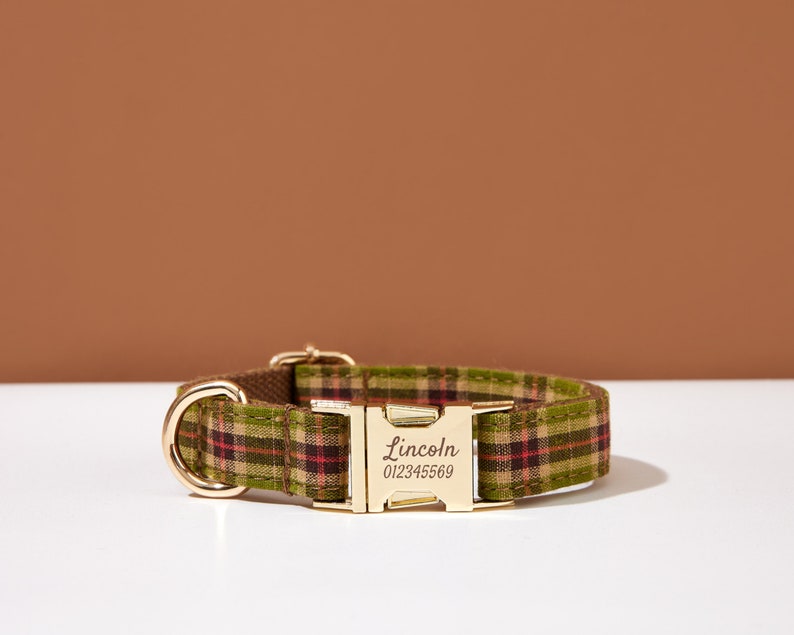 Plaid Personalized Dog Collar with Bow, Engraved Dog Collar and Leash Bow tie Set For Boy Dog, Green Plaid Dog Collar image 5