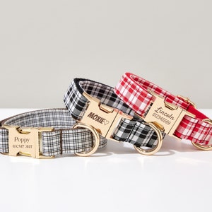 Gepersonaliseerde geruite hondenhalsband met aangepast naamplaatje, puppykraag metalen naamgesp, hondenhalsband strik voor grote en kleine hond