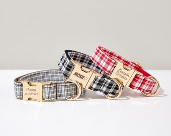 Personalized Plaid Dog Collar with Custom Name Plate, Boy Puppy Collar Metal Name Buckle, Dog Collar Leash Bow for Big and Small Dog
