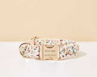 Floral Dog Collar Leash Bow Set,Personalized Floral Print Collar with Engraved Name,Small Boy Puppy Collar,Girl Pet Dog Collar and Leash