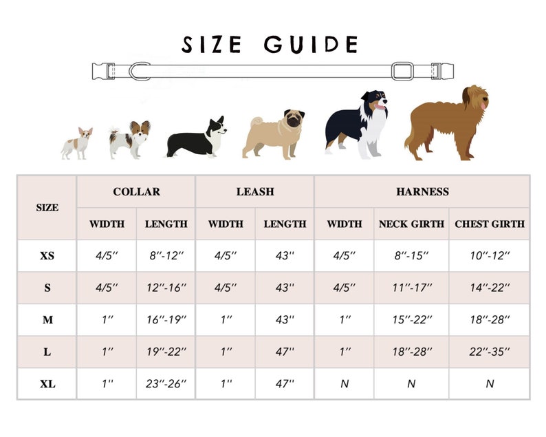 May include: Size guide chart for dog collars, leashes, and harnesses. The chart shows the size, width, length, neck girth, and chest girth in inches. The chart is illustrated with different dog breeds.