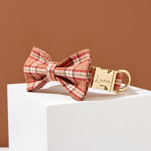 Personalised Dog Collar Custom Dog Collar Engraved Dog Collar and Leash Bow tie Set For Girl and Boy Dog, Pink Plaid