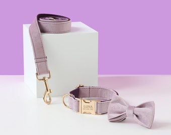 Lavender Velvet Dog Collar and Leash Bow tie Set, Personalised Engraved Pet Name Plate Rose Gold Buckle, Wedding Dog Outfit Dog Gift