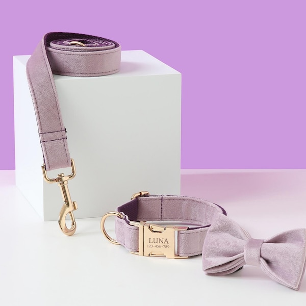 Lavender Velvet Dog Collar and Leash Bow tie Set, Personalised Engraved Pet Name Plate Rose Gold Buckle, Wedding Dog Outfit Dog Gift