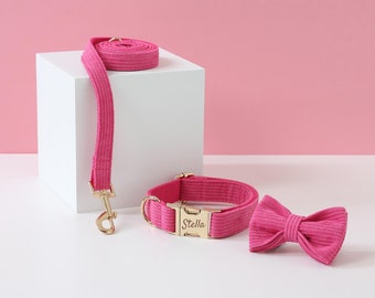 Set di collare e guinzaglio per cani rosa personalizzato, collare per cuccioli in tessuto spesso, collare per cani di grandi dimensioni personalizzato, regalo di compleanno per cani, matrimonio per cani