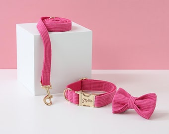 Rose Pink Personalisiertes Hundehalsband und Leinenschleife Set, Dicker Stoff Junge Welpe Halsband, Benutzerdefinierte Großes Hundehalsband, Hund Geburtstag Geschenk Hochzeit Hund