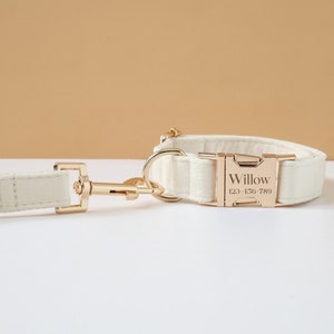 White Velvet Dog Collar Leash Set, Personalized Thick Collar with Engraved Name,Small Boy Puppy Collar,Girl Dog Collar and Leash