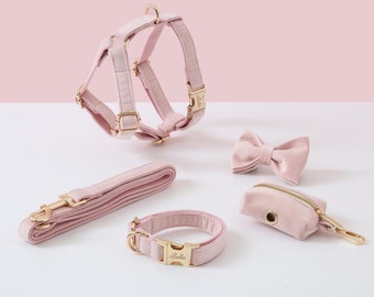 Personalized Dog Harness and Leash Set, Baby Pink Custom Velvet Harness Collar Bow Poo Bag Holder, No Pull Harness for Girl Puppy