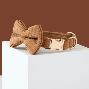 Brown Corduroy Dog Collar and Leash Bow Tie, Personalised Dog Collar with Name,Custom Boy Puppy Collar and Lead for Girl Dog