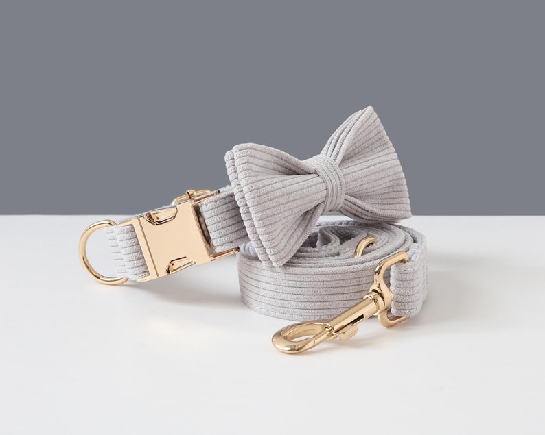 May include: A light gray corduroy dog collar, leash, and bow tie set. The collar features a gold-colored metal buckle and a D-ring. The leash has a matching gold-colored metal clasp. The bow tie is pre-tied.