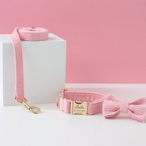 Pink Dog Collar, Adjustable Collar and Leash Set for Large/Small Dog Boy, Corduroy Puppy Collar, Rose Gold Buckle Wedding Dog Collar