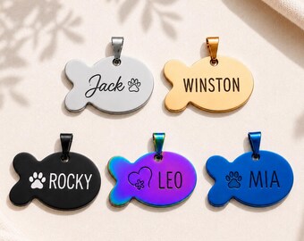 Fish Shaped Pet ID Tag, Personalized Dog Cat Collar Tag, Custom Engraved Pet Gift