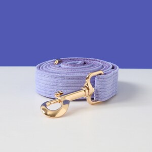 May include: A lavender-colored dog leash with a gold metal clasp. The leash is made of a soft, textured material.