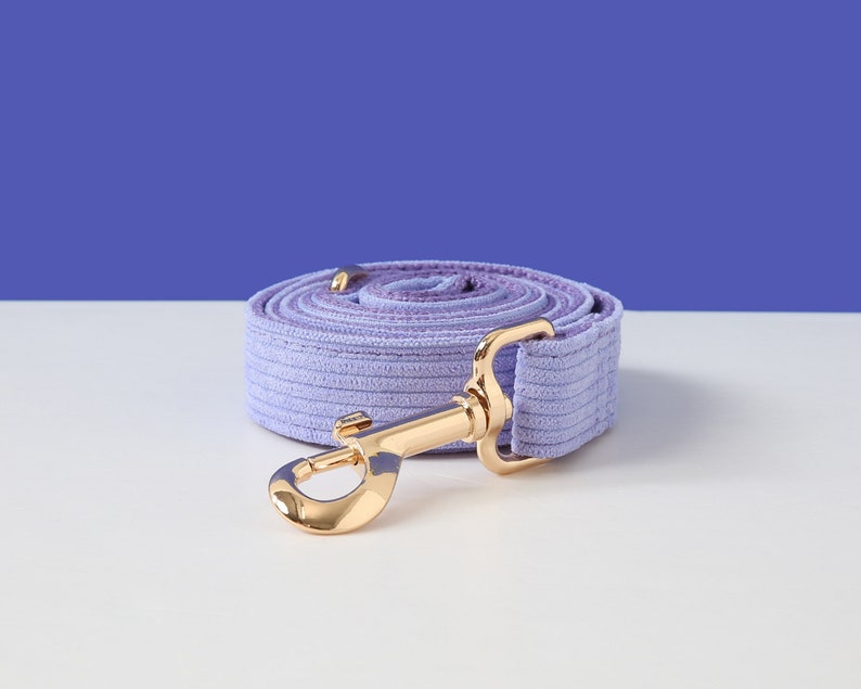 May include: A lavender-colored dog leash with a gold metal clasp. The leash is made of a soft, textured material.