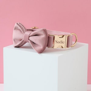 Personalized Pink Dog Collar Bow, Dog Collar and Lead for Large Dog Small Puppy, Thick Velvet Collar, Wedding Dog Collar, Dog Lover Gift UK