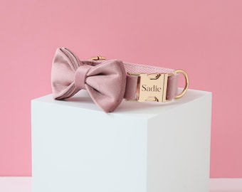Personalized Pink Dog Collar Bow, Dog Collar and Lead for Large Dog Small Puppy, Thick Velvet Collar, Wedding Dog Collar, Dog Lover Gift UK