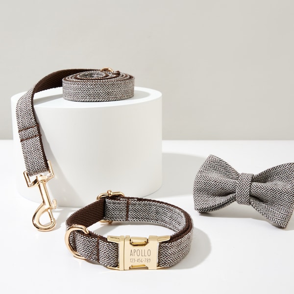 Twisted Woven Personalized Dog Collar Bow tie Set, Dog Collar for Boy Dog, Wedding Dog Collar,Puppy Collar and Lead Bow, Dog Lover Gift