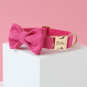 Rose Pink Dog Collar Bowtie and Lead Set, Personalized Name Engraved Pet Collar for Small Puppy and Large Dog, Custom Metal Buckle