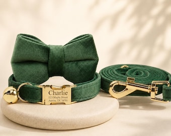 Personalized Green Velvet Small Dog Leash Collar with Engraved Name & Phone Number,New Puppy Gift