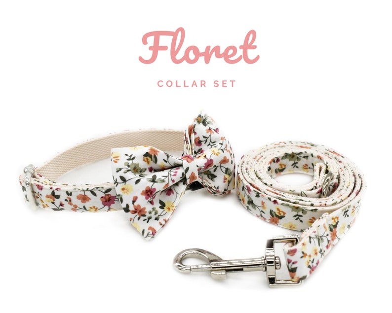 K&ouml;nnte beinhalten: Ein florales Halsband-Set f&uuml;r Haustiere, bestehend aus einem cremefarbenen Halsband, einer Fliege und einer Leine. Das Set ist mit einem Muster aus kleinen Blumen in Rot-, Gelb- und Gr&uuml;nt&ouml;nen verziert. Der Text "Floret COLLAR SET" wird in Rosa angezeigt.