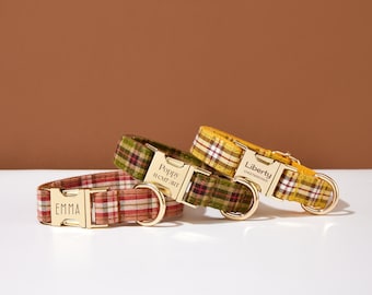 Designer Personalise Plaid Dog Collar with Custom Name Plate, Puppy Collar Metal Name Buckle, Dog Collar Leash Bow for Big and Small Dog